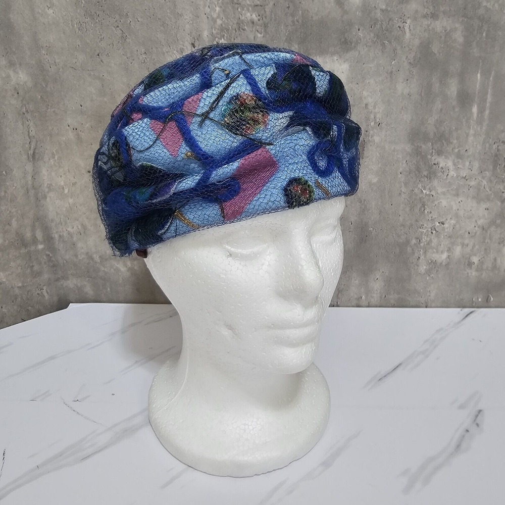 AMY New York Vintage‎ 60s Midcentury Turban Hat Blue Floral Mash Church Derby